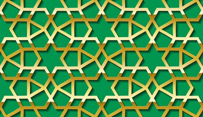 Arabic seamless golden pattern with classic islamic culture ornament. Green background with shadow.