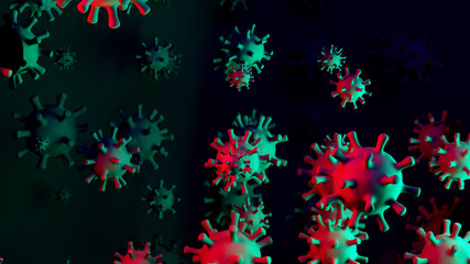 Coronavirus COVID-19 3D illustration with red and green contagious virus cells on abstract dark scientific background for news header