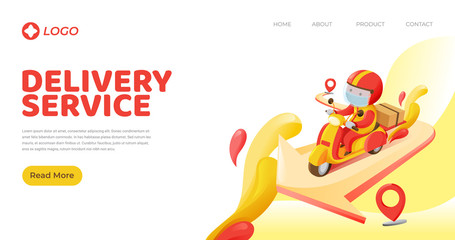 Landing Page Template of Delivery Man Carrying Box to Destination From Pick Up Spot Riding Motorcycle in Red and Yellow Color Scheme Premium Vector Illustration