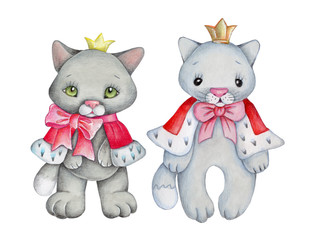 Two cute king cats ib red mantles and crowns. Watercolor hand drawn illustration, isolated.