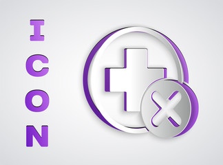 Paper cut Cross hospital medical icon isolated on grey background. First aid. Diagnostics symbol. Medicine and pharmacy sign. Paper art style. Vector Illustration