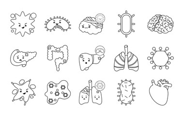Human organs and virus line style icon set vector design