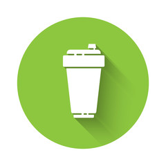 White Fitness shaker icon isolated with long shadow. Sports shaker bottle with lid for water and protein cocktails. Green circle button. Vector Illustration