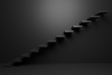 Black ascending stairs in black room 3D abstract illustration