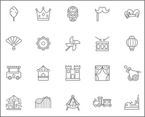 Set of carnival and amusement park Icons line style. It contains such Icons as circus, magic, party, festival, decoration, fair, rides, playground and other elements.