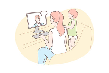 Family, video conference, communication concept. Cartoon character young woman mother with child kid baby daughter communicate chatting talking with man father online. Remote conversation illustration
