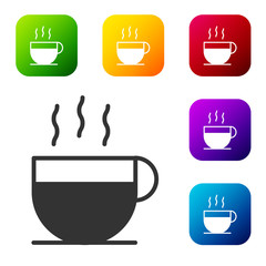Black Coffee cup icon isolated on white background. Tea cup. Hot drink coffee. Set icons in color square buttons. Vector Illustration