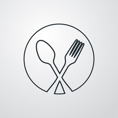 Símbolo restaurante. Icono plano lineal silueta tenedor y cuchara cruzadas en círculo en fondo gris