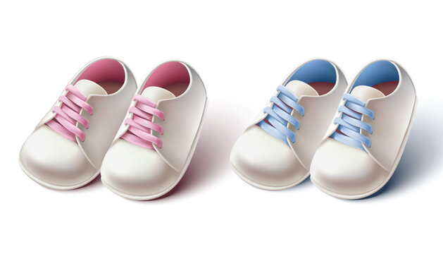 collection of baby girl and boy pram shoes. Design element for baby shower invitations, birthday card or baptism ceremony.