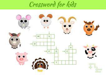 Obraz na płótnie Canvas Crosswords game of animals for children with pictures. Kids activity worksheet colorful printable version. Educational game for study English words. Includes answers. Flat vector stock illustration.