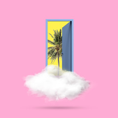 Minimal conceptual image of open blue door and white cloud with coconut tree on pink background. 3D rendering.