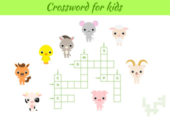 Obraz na płótnie Canvas Crosswords game of animals for children with pictures. Kids activity worksheet colorful printable version. Educational game for study English words. Includes answers. Flat vector stock illustration.