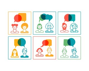 Outline Man and woman speaking. Conversation, Compromise concept. Abstract dialogue. Layered Speech Bubbles. Colored Vector Set of isolated Illustrations. Simple, minimal design. Logo, icon template 