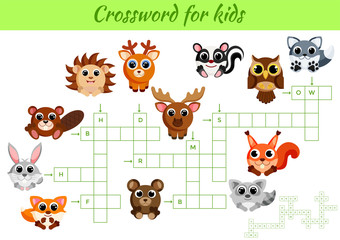 Crosswords game of animals for children with pictures. Kids activity worksheet colorful printable version. Educational game for study English words. Includes answers. Flat vector stock illustration.