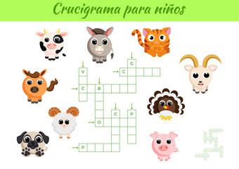 Obraz na płótnie Canvas Crucigrama para niños - Crossword for kids. Crossword game with pictures. Kids activity worksheet colorful printable version. Educational game for study Spanish words. Vector stock illustration.