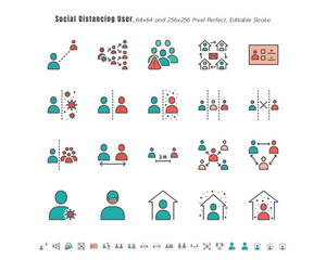 Simple Set of Social Distancing People or User. Coronavirus 2019 or Covid-19 Related. Such as Work from Home, Quarantine, Avoid Risk. Filled Outline Icons Vector. 64x64 Pixel Perfect. Editable Stroke.