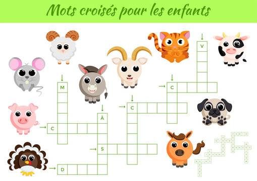 Mots croisés pour les enfant - Crossword for kids. Crossword game with pictures. Kids activity worksheet colorful printable version. Educational game for study French words. Vector stock illustration.