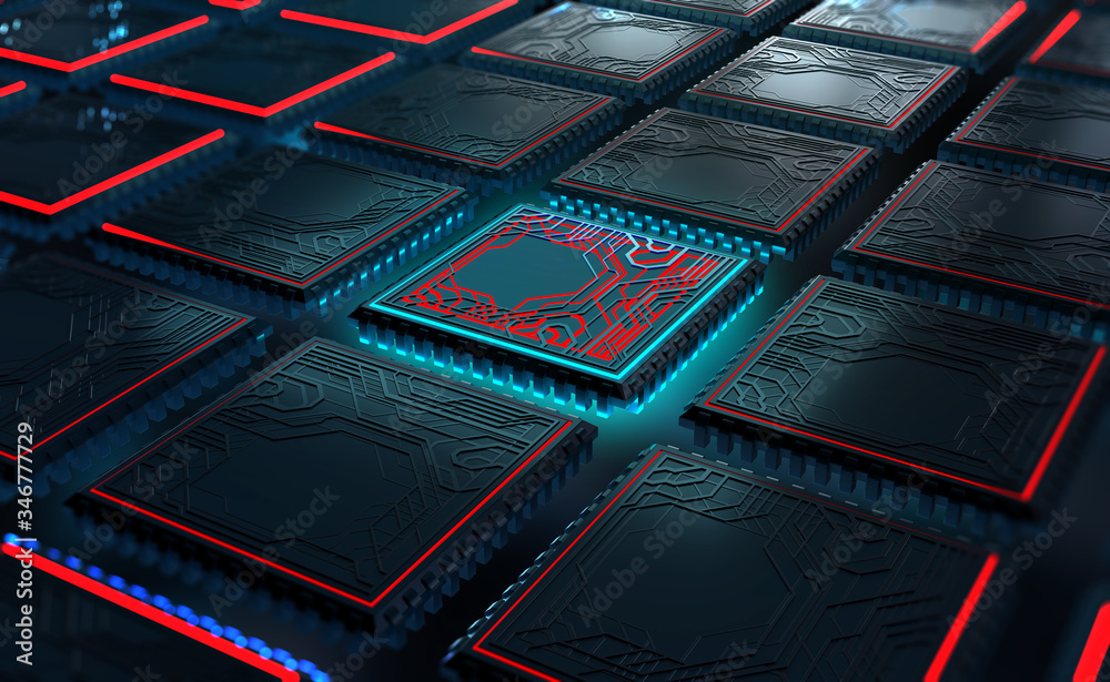 Poster Futuristic CPU 3d illustration. Quantum processor in global database.  Digital cyber space and artificial intelligence