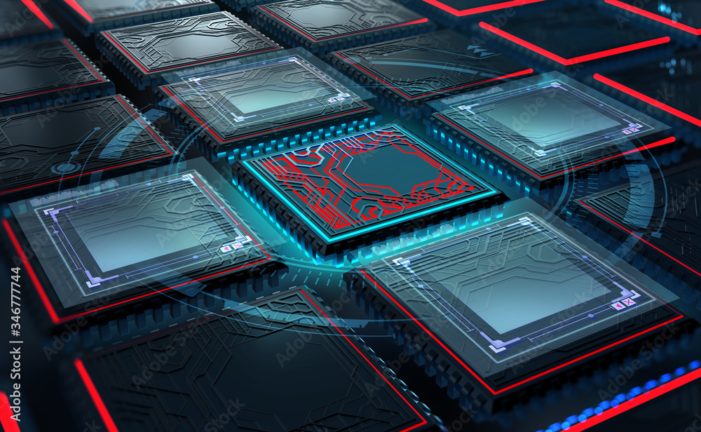 Aufkleber Futuristic CPU 3d illustration. Quantum processor in global database.  Digital cyber space and artificial intelligence