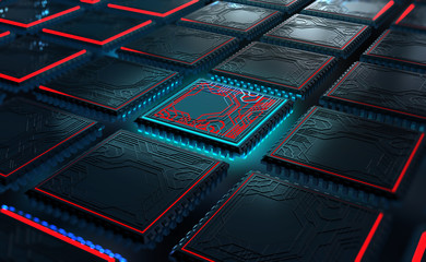 Futuristic CPU 3d illustration. Quantum processor in global database.  Digital cyber space and artificial intelligence