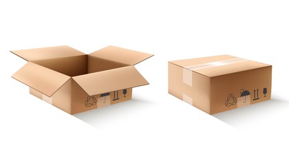 vector carton boxes in open and closed view. Isolated icon illustration on white background.