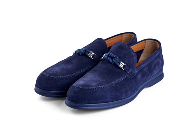 Men's classic blue suede shoes with a decorative rope buckle and a blue rubber sole. Top view at an angle.