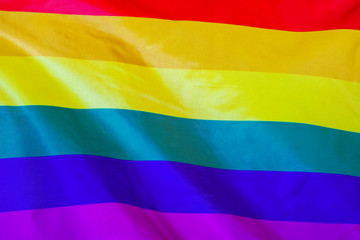 Fabric texture flag of LGBT gay. Flag of LGBT gay waving in the wind. LGBT gay flag is depicted on a sports cloth fabric with many folds. Sport team banner.