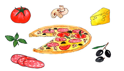 Hand-drawn watercolor food illustrations. Isolated drawings of the pizza ingredients - cheese, tomatoes, olives, spices, sausages, arugula.