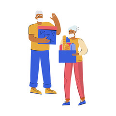 Elderly man and woman in protective medical masks hold boxes with social assistance. Senior people. Helping old people during quarantine. Support social care, volunteering and charity concept