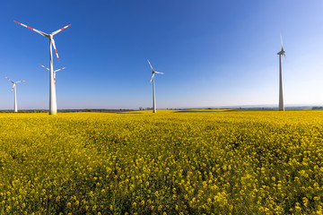 Windkraftanlagen Windräder auf einem Rapsfeld im Frühling mit Aussicht 