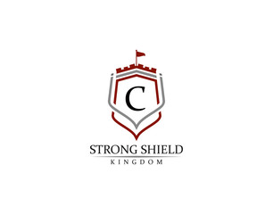 Strong Shield, Gold Heraldic C Letter Monogram. Retro minimal shield Shape.  Crown, Castle, Kingdom Logo Design.