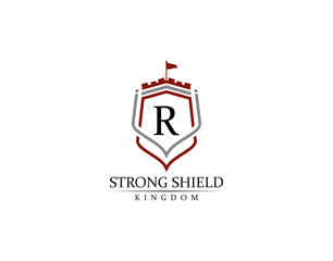 Strong Shield, Gold Heraldic R Letter Monogram. Retro minimal shield Shape.  Crown, Castle, Kingdom Logo Design.