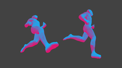 Running man or marathon runner. 3D human body model. Design for sport. Vector illustration composed of particles.