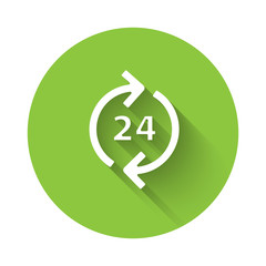 White Telephone 24 hours support icon isolated with long shadow. All-day customer support call-center. Full time call services. Green circle button. Vector Illustration