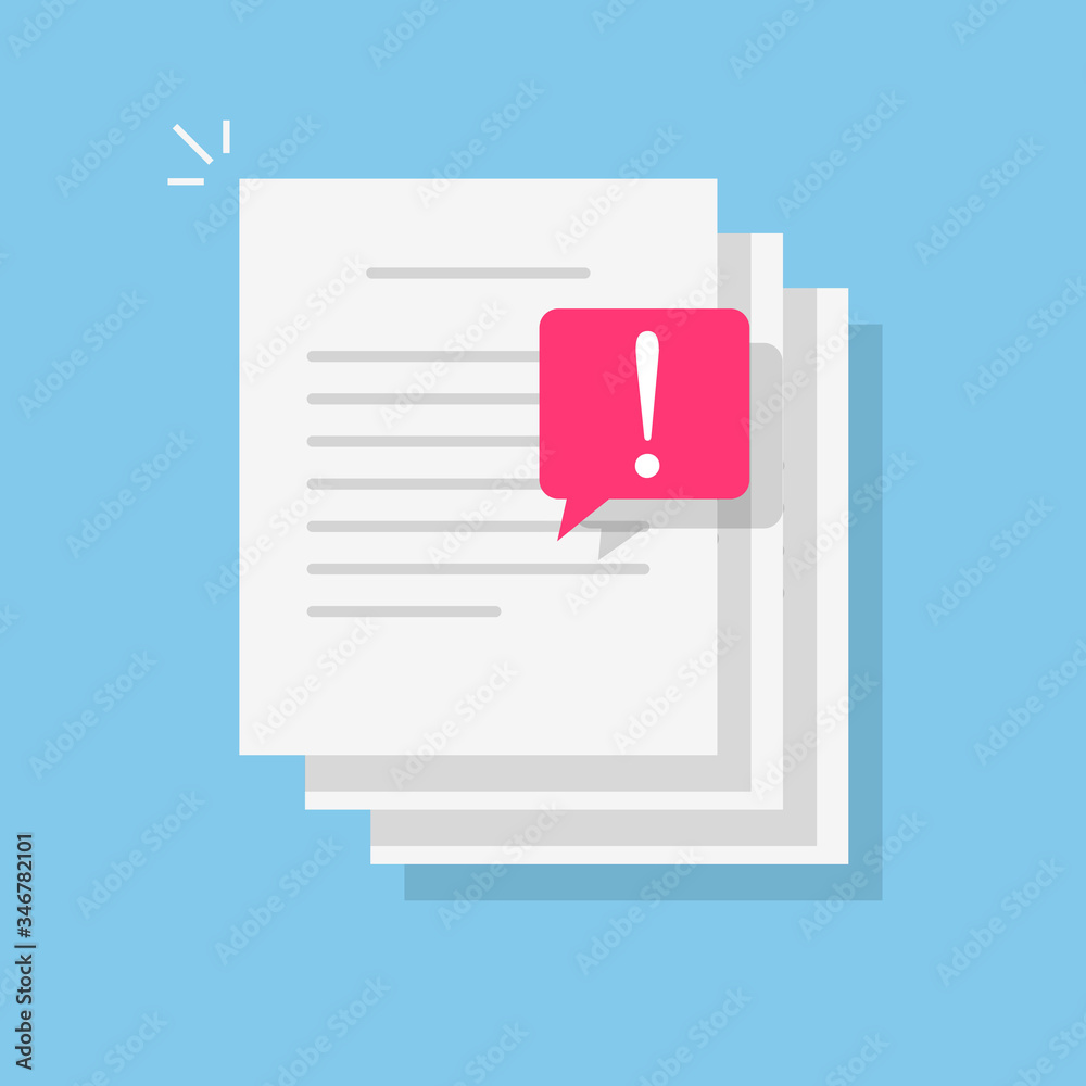 Poster text file document caution alert or error notification bubble vector icon flat cartoon, idea of pape