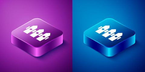 Isometric Garden fence wooden icon isolated on blue and purple background. Square button. Vector Illustration