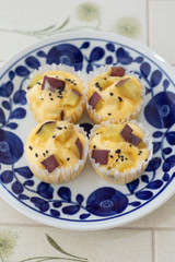 自宅でお菓子作り　さつまいも蒸しパン　お皿に並べた蒸しパン