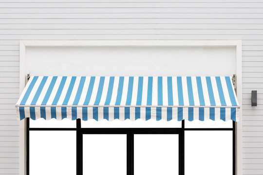 Blue And White Striped Awning Of Blank Shop. Exterior Outdoor Canvas Roof.