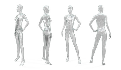 Set of female transparent shiny glass (plastic) mannequin for clothes. Standing female invisible figure. Set from the side, front and back view. 3d illustration isolated on a white.