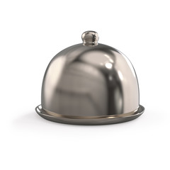 Metal dome for dishes. Closed cloche front view. Dishes for restaurants. Restaurant cloche. 3d realistic illustration isolated on white background.