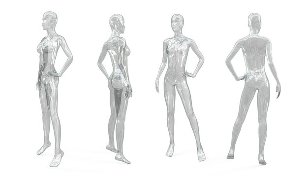 Set of female transparent shiny glass (plastic) mannequin for clothes. Standing female invisible figure. Set from the side, front and back view. 3d illustration isolated on a white.
