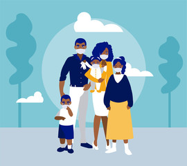 Family with masks at park vector design