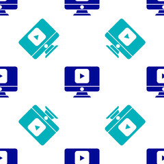 Blue Online play video icon isolated seamless pattern on white background. Computer monitor and film strip with play sign. Vector Illustration