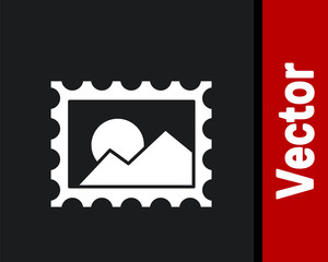 White Postal stamp icon isolated on black background. Vector Illustration