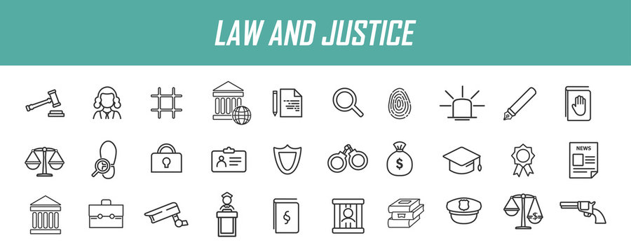 Set of linear jurisprudence icons. Law icons in simple design. Vector illustration