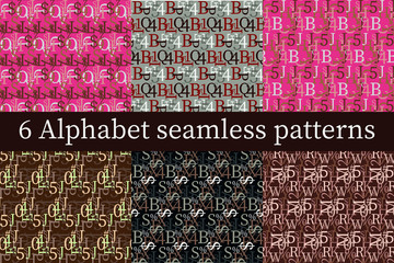 Set of vector seamless patterns. Latin alphabet, numbers, math symbols.