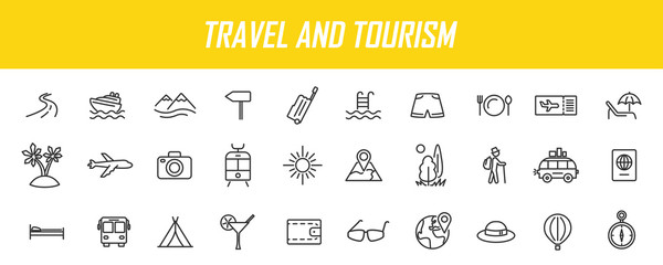 Fototapeta na wymiar Set of linear travel icons. Tourism icons in simple design. Vector illustration