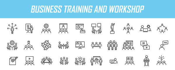 Fototapeta Set of linear business training icons. Workshop icons in simple design. Vector illustration obraz
