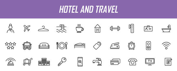 Set of linear hotel icons. Travel icons in simple design. Vector illustration