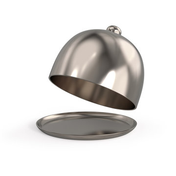 Metal restaurant dish with open dome lid. Restaurant cloche. Stainless steel serving dome. 3d realistic illustration isolated on white background.